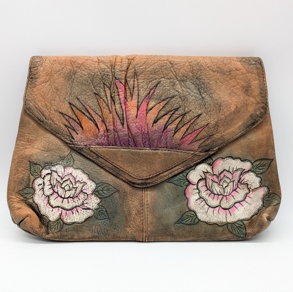 Emily Ann hand painted floral leather foldover clutch purse